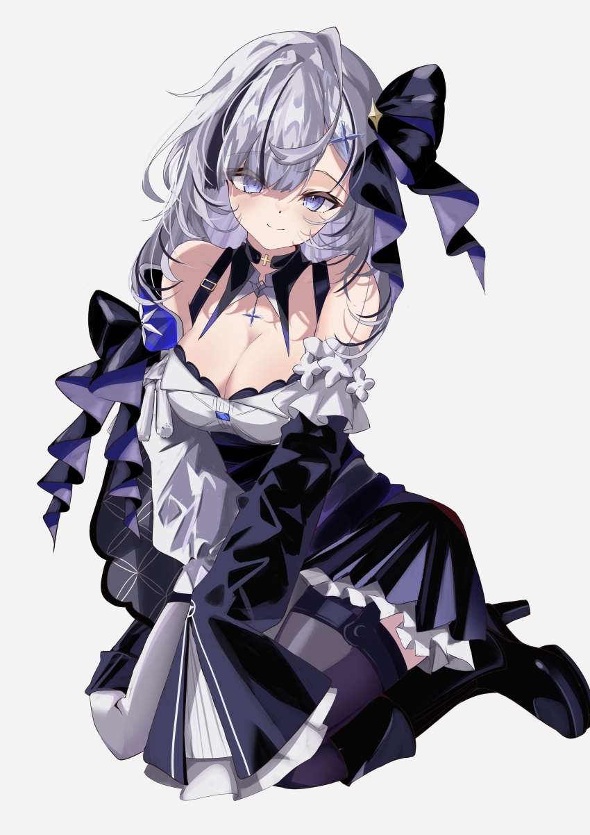 1girl absurdres asymmetrical_legwear belt black_hair black_nails black_ribbon black_skirt blue_eyes blue_fire blue_hair blue_ribbon breasts cleavage colored_inner_hair fire first_stage_production frilled_skirt frilled_sleeves frills full_body garter_straps grey_hair hair_ribbon high-waist_skirt highres iyo_(kgjc8574) kneeling large_breasts light_smile long_sleeves looking_at_viewer medium_hair multicolored_hair plate pleated_shirt ribbon shirt skirt sleeves_past_fingers sleeves_past_wrists solo streaked_hair thighhighs virtual_youtuber white_background white_shirt white_thighhighs yuyu_yura