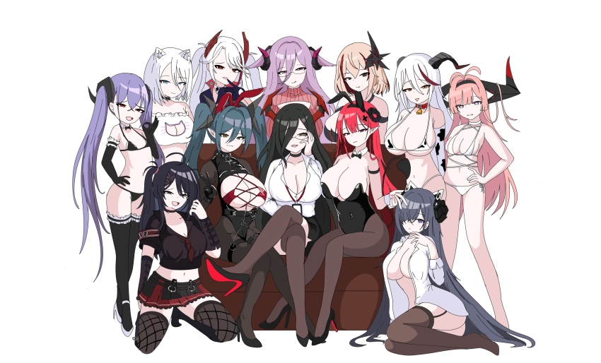 6+girls absurdres aegir_(azur_lane) animal_print august_von_parseval_(azur_lane) august_von_parseval_(the_unhulde&#039;s_midday_respite)_(azur_lane) azur_lane bell bikini black_bikini black_gloves black_hair black_horns black_pantyhose black_thighhighs blonde_hair breasts cleavage couch cow_print cow_print_bikini crossed_legs detached_collar elbow_gloves erciyuan_fan_mou felix_schultz_(azur_lane) flat_chest friedrich_carl_(a_game_of_love)_(azur_lane) friedrich_carl_(azur_lane) friedrich_der_grosse_(azur_lane) frilled_bikini frilled_thighhighs frills glasses gloves green_hair hair_on_horn hair_over_one_eye hand_on_own_cheek hand_on_own_face highres hindenburg_(azur_lane) hindenburg_(delirious_duel)_(azur_lane) horns large_breasts leotard licking_lips long_bangs long_hair medium_breasts multicolored_hair multiple_girls neck_bell official_alternate_costume pantyhose pink_hair playboy_bunny pointy_ears print_bikini prinz_eugen_(azur_lane) prinz_rupprecht_(azur_lane) prinz_rupprecht_(midnight_pearl)_(azur_lane) purple_hair red_hair red_skirt regensburg_(azur_lane) regensburg_(the_dark_dragon&#039;s_dungeon)_(azur_lane) roon_(azur_lane) shirt short_hair simple_background sitting skirt streaked_hair swimsuit thighhighs tirpitz_(azur_lane) tongue tongue_out twintails two_side_up very_long_hair white_background white_bikini white_hair white_shirt z11_(azur_lane)