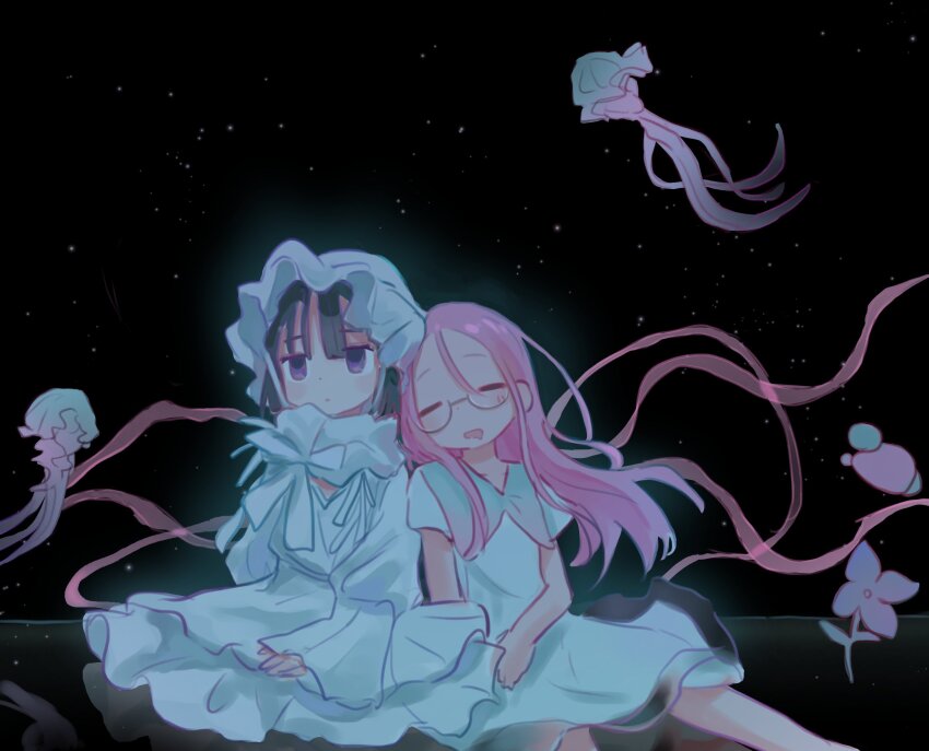 2girls alien_stage black_hair bonnet closed_eyes commentary dress drooling glasses gulrurclsa42640 hashtag-only_commentary highres jellyfish mizi_(alien_stage) mouth_drool multiple_girls open_mouth pink_hair purple_eyes short_hair short_sleeves sleeping space star_(sky) sua_(alien_stage) white_bonnet white_dress