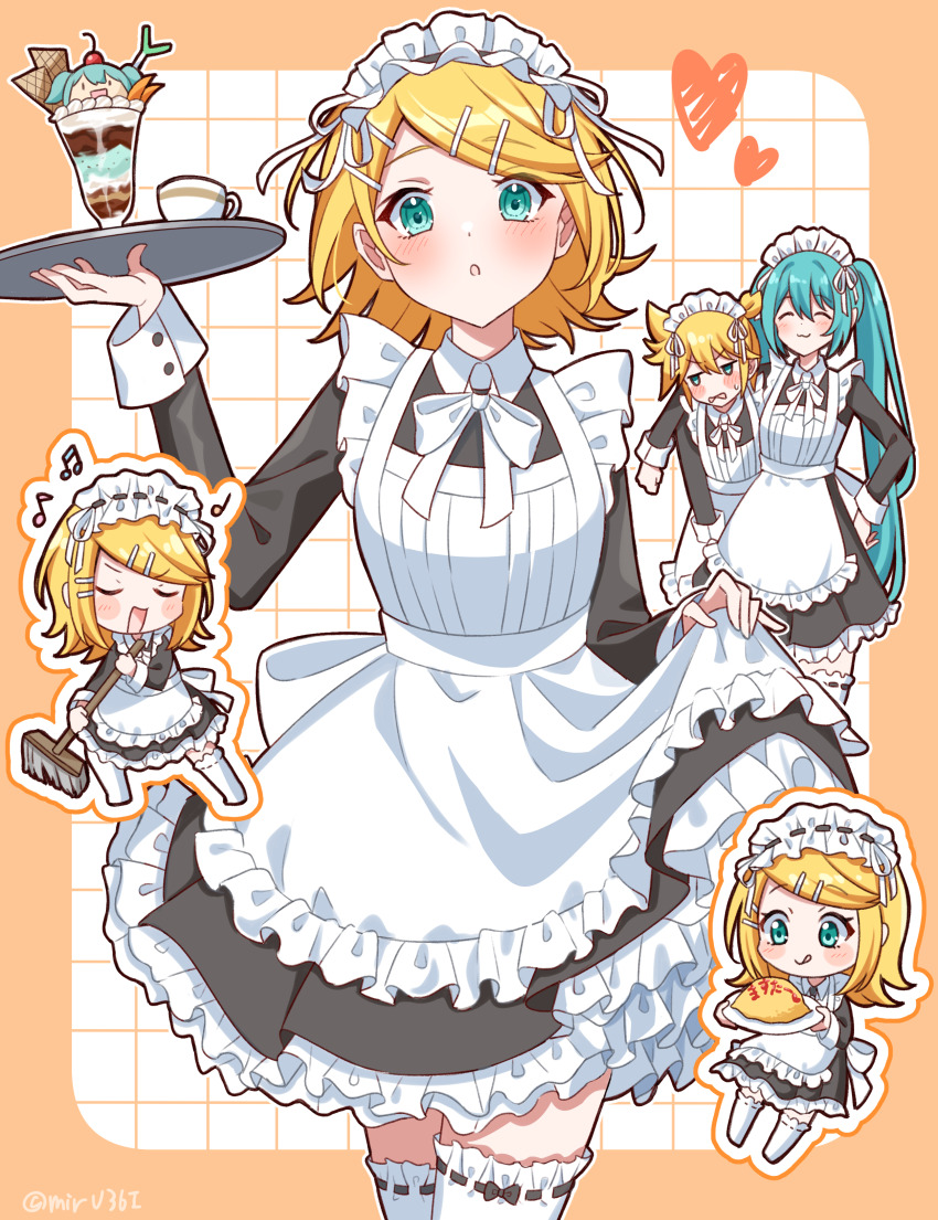 1boy 2girls :3 :o :q absurdres alternate_costume apron aqua_eyes aqua_hair arm_around_shoulder arm_on_another&#039;s_shoulder beamed_eighth_notes black_dress blonde_hair blush blush_stickers bow bowtie broom chibi chibi_inset closed_eyes collared_dress cowboy_shot crossdressing dessert dress eighth_note embarrassed enmaided food food_writing frilled_apron frilled_dress frilled_headwear frills hair_ornament hairclip hand_up hatsune_miku heart highres holding holding_broom holding_mop holding_plate holding_tray hungry kagamine_len kagamine_rin ketchup licking_lips long_hair long_sleeves looking_at_viewer maid maid_apron maid_headdress mirumiru_(miru36i) mop multiple_girls music musical_note omelet omurice parted_bangs parted_lips plate pretend_microphone quarter_note ribbon-trimmed_thighhighs ribbon_trim short_dress short_hair singing skirt_hold straight-on sweeping swept_bangs teasing thighhighs tongue tongue_out tray twitter_username very_long_hair vocaloid white_apron white_bow white_bowtie white_sleeve_cuffs white_thighhighs zettai_ryouiki