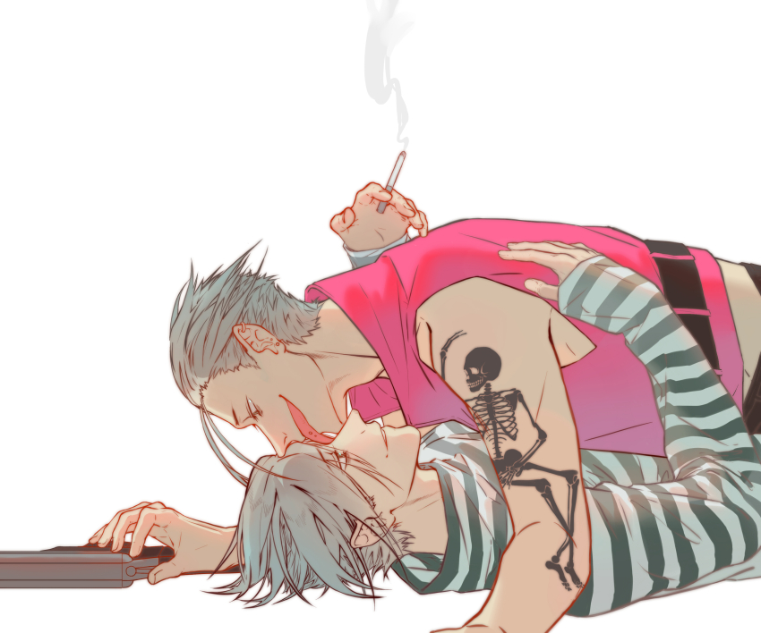 2boys absurdres arm_tattoo bakshi_christensen bone_tattoo character_request cigarette grey_hair highres licking licking_another&#039;s_face long_sleeves lucky_dog_1 male_focus multiple_boys profile shirt short_hair simple_background skeleton skull_tattoo sleeveless sleeveless_shirt smoke striped_clothes striped_shirt tattoo white_background xiaoquandianer yaoi
