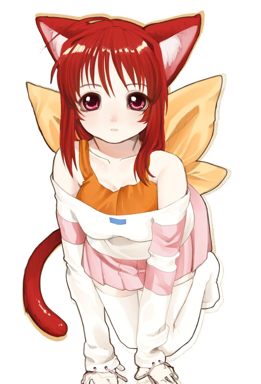 1girl all_fours animal_ear_fluff animal_ears arm_support bow breasts camisole cat_ears cat_girl cat_tail cleavage collarbone expressionless gloves hair_bow highres kagami_sumika long_hair looking_at_viewer low_ponytail medium_breasts muv-luv off-shoulder_sweater off_shoulder orange_camisole parted_lips pink_skirt pleated_skirt ponytail red_eyes red_hair rikouries simple_background skirt solo straight_hair striped_clothes striped_sweater sweater tail thighhighs white_background white_gloves white_sweater white_thighhighs wispy_bangs yellow_bow