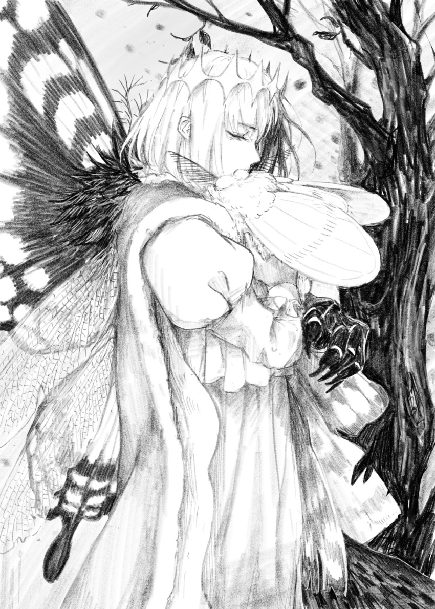 1boy animal asymmetrical_arms blanca_(fate) bug butterfly_wings cape closed_eyes diamond_hairband dragonfly_wings fate/grand_order fate_(series) frills from_side hair_between_eyes highres holding holding_animal insect insect_wings juliet_sleeves leaf long_sleeves male_focus medium_hair monochrome moth oberon_(fate) oberon_(first_ascension)_(fate) oberon_(third_ascension)_(fate) puffy_sleeves robe singlikeabird solo tree wings