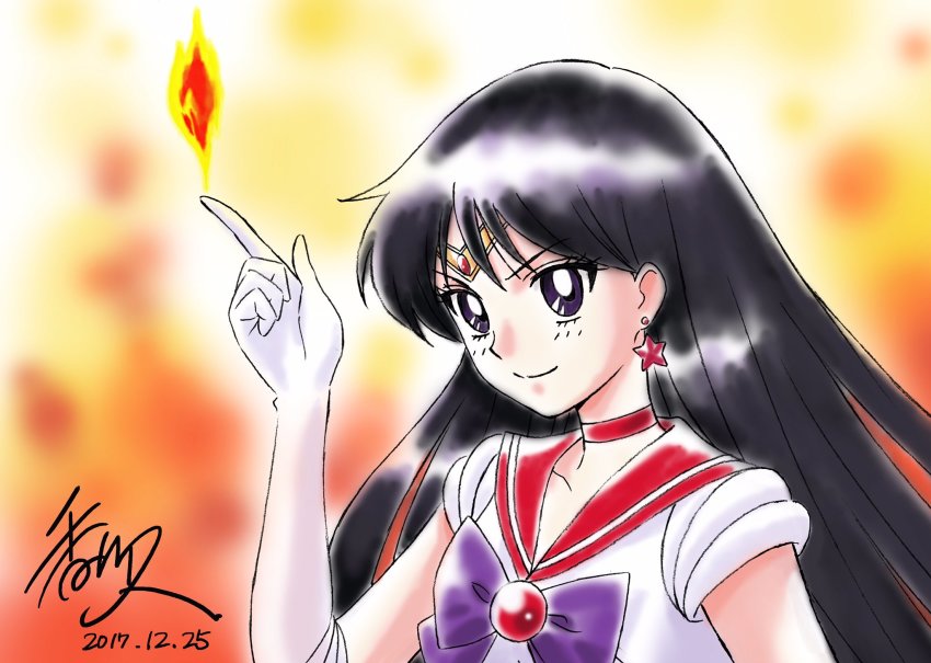 1girl 2017 bishoujo_senshi_sailor_moon black_hair bow choker circlet dated earrings elbow_gloves female_focus fire gloves highres hino_rei jewelry kagawa_hisashi long_hair magical_girl purple_bow purple_eyes sailor_mars school_uniform serafuku signature smile solo upper_body