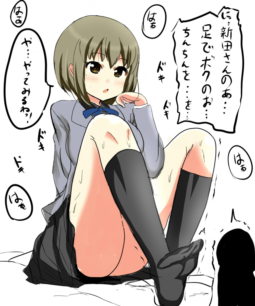 10s 1girl artist_request bed_sheet black_legwear blush devil_survivor_(series) devil_survivor_2 feet footjob highres nitta_io open_mouth penis school_uniform short_hair sitting soles source_request sweat translated