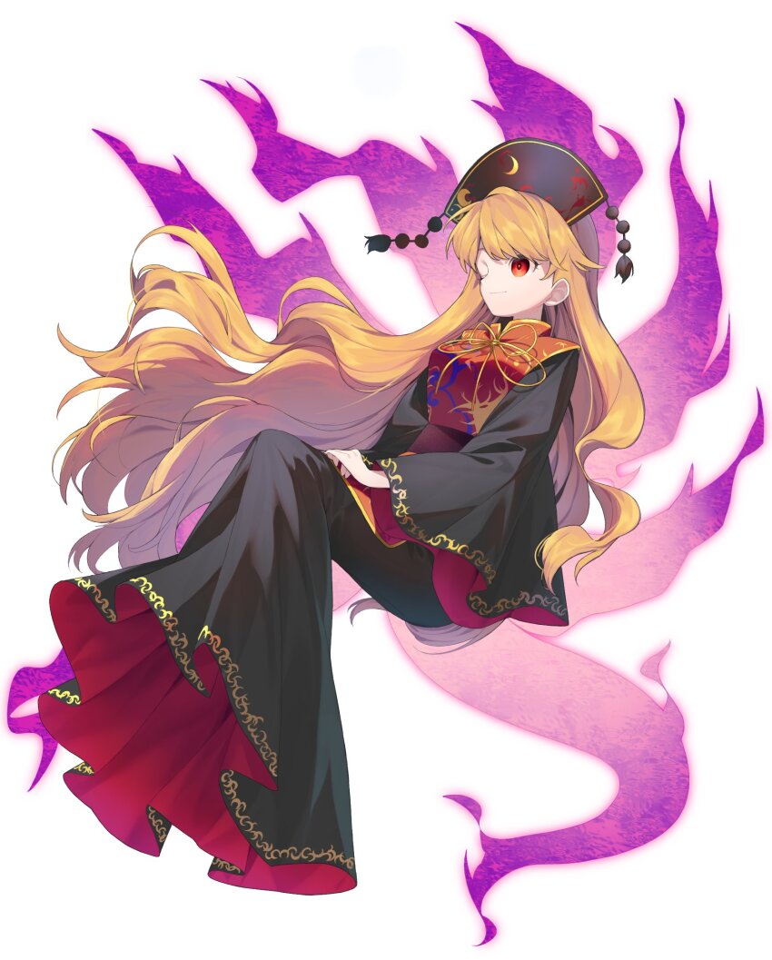 1girl belt black_dress black_hat breasts chinese_clothes closed_mouth crescent crescent_print dalachi_(headdress) dress energy floating_hair full_body hat highres junko_(touhou) keiki8296 long_hair long_sleeves looking_to_the_side mandarin_collar medium_breasts neck_ribbon one_eye_closed orange_hair phoenix_print pom_pom_(clothes) purple_belt red_dress red_eyes red_tabard ribbon sitting smile solo tabard tassel touhou two-sided_dress two-sided_fabric wavy_hair wide_sleeves yellow_ribbon