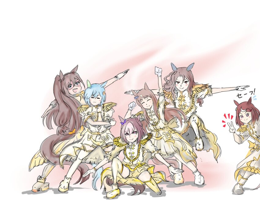 6+girls :3 =_= ^_^ animal_ears blue_hair brown_hair closed_eyes domino_mask ear_covers el_condor_pasa_(umamusume) epaulettes gloves golden_generation_(umamusume) grass_wonder_(umamusume) gutei_tei hair_ornament hairclip half-skirt highres horse_ears horse_girl horse_tail jacket king_halo_(umamusume) leg_up long_hair mask multicolored_hair multiple_girls official_alternate_costume purple_eyes road_of_radiance_(umamusume) seiun_sky_(umamusume) short_hair shorts single_ear_cover skirt special_week_(umamusume) tail tsurumaru_tsuyoshi_(umamusume) two-tone_hair umamusume v white_gloves white_hair white_jacket yellow_shorts yellow_skirt