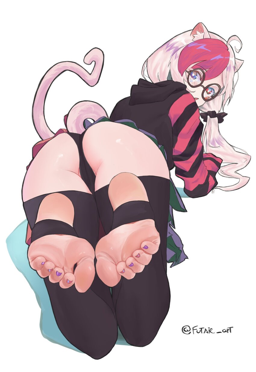 1girl absurdres ahoge all_fours animal_ear_fluff animal_ears artist_name ass black_hoodie black_panties black_thighhighs blush cat_ears cat_girl cat_tail commentary commission english_commentary feet feet_up foot_focus from_behind full_body futsie_art grey_hair hair_ornament hair_scrunchie highres hood hoodie indie_virtual_youtuber long_sleeves looking_at_viewer miniskirt nail_polish no_shoes panties partially_visible_vulva pink_hair pink_hoodie pink_nails pink_tail purple_nails round_eyewear scrunchie shadow simple_background skirt sleeves_past_fingers sleeves_past_wrists soles solo stirrup_legwear striped_clothes striped_hoodie tail thighhighs toe_scrunch toeless_legwear toenail_polish toenails twitter_username underwear virtual_youtuber white_background