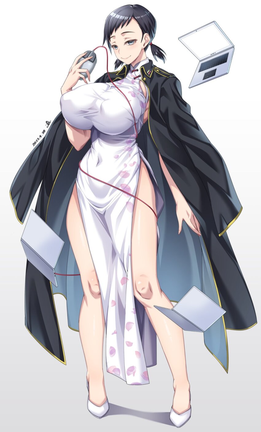 1girl black_hair breasts china_dress chinese_clothes closed_mouth commission covered_navel devil_survivor devil_survivor_2 dress full_body grey_eyes highres huge_breasts jacket jacket_on_shoulders kanno_fumi looking_at_viewer short_hair short_twintails simple_background skeb_commission smile solo twintails white_background yoohi