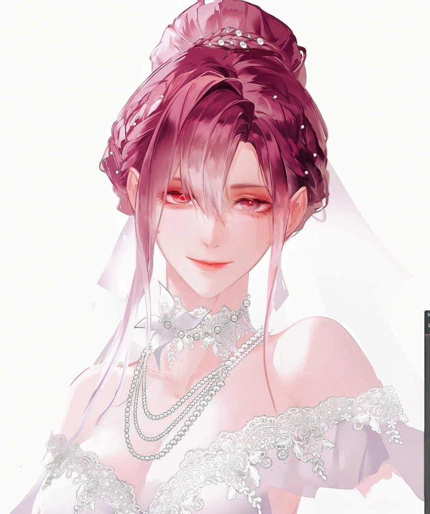 1girl alternate_costume art_tools_in_frame asymmetrical_bangs bare_shoulders breasts chinese_commentary choker cleavage collarbone commentary dress flower glowing glowing_eye gradient_hair heterochromia highres jewelry lace lace_choker light_smile looking_at_viewer multicolored_hair multiple_necklaces neck_flower necklace path_to_nowhere pearl_hair_ornament pearl_necklace purple_eyes qingci red_eyes red_hair shalom_(path_to_nowhere) simple_background smile solo symbol-shaped_pupils triangle-shaped_pupils updo upper_body veil wedding_dress white_choker white_flower white_hair