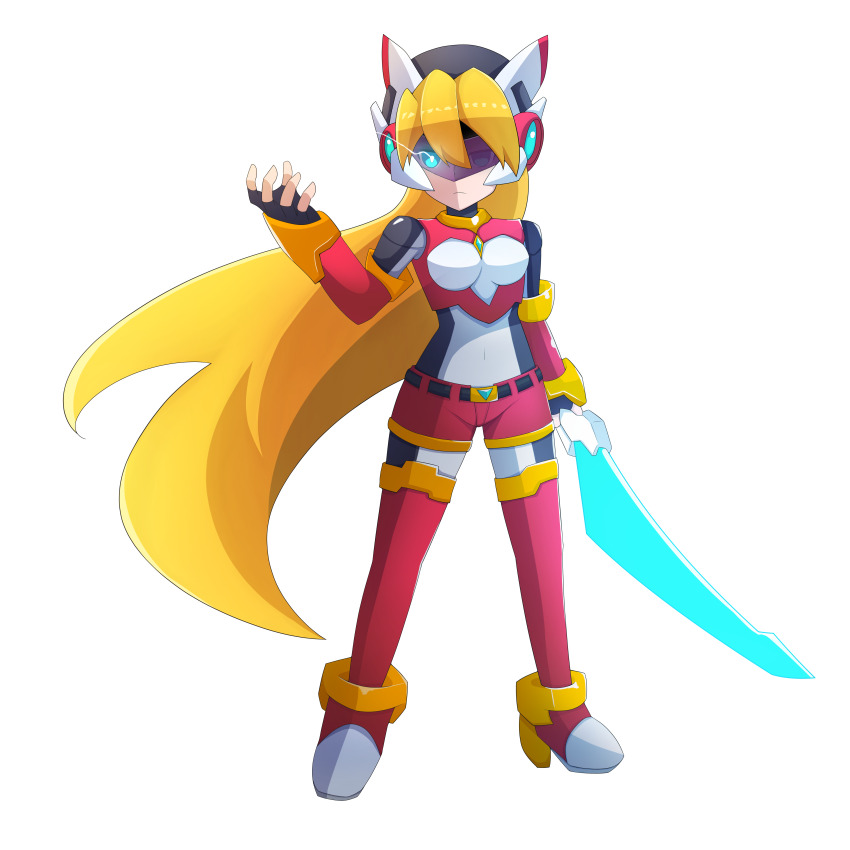 1girl absurdres alternate_costume alternate_hairstyle armor energy_sword belt blonde_hair bodystocking boots breasts chest_jewel ciel_(mega_man) commission commissioner_upload elbow_gloves energy_sword full_body gloves glowing glowing_eye helmet highres holding holding_weapon long_hair looking_at_viewer mechanical_ears mega_man_(series) mega_man_zero_(series) mega_man_zx model_z_(mega_man) non-web_source rytopen shorts small_breasts sword thigh_boots transparent_background weapon
