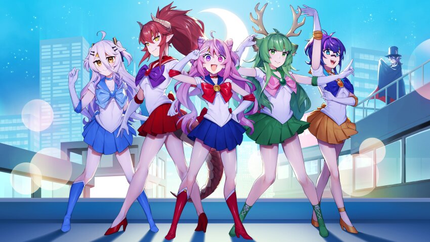 1boy 5girls absurdres ahoge animal_ears antlers bishoujo_senshi_sailor_moon blue_eyes boots bubi_(ironmouse) building choker circlet cosplay dasdokter deer_antlers deer_ears deer_girl demon_girl dragon_girl dragon_horns dragon_tail elbow_gloves fang full_body gloves gradient_hair green_eyes green_hair grey_hair hair_between_eyes hair_ornament hairpin haruka_karibu henya_the_genius heterochromia high_heels highres horns ironmouse long_bangs long_hair looking_at_viewer melody_(projektmelody) miniskirt multicolored_hair multiple_girls open_mouth outdoors pink_eyes pink_hair pointy_ears ponytail purple_eyes purple_hair red_hair reindeer_antlers sailor_jupiter sailor_jupiter_(cosplay) sailor_mars sailor_mars_(cosplay) sailor_mercury sailor_mercury_(cosplay) sailor_moon sailor_moon_(cosplay) sailor_senshi_uniform sailor_venus sailor_venus_(cosplay) second-party_source sidelocks skirt smile standing streaked_hair tail teeth tuxedo_kamen tuxedo_kamen_(cosplay) twintails two_side_up virtual_youtuber vshojo yellow_eyes zentreya_(dragon) zentreya