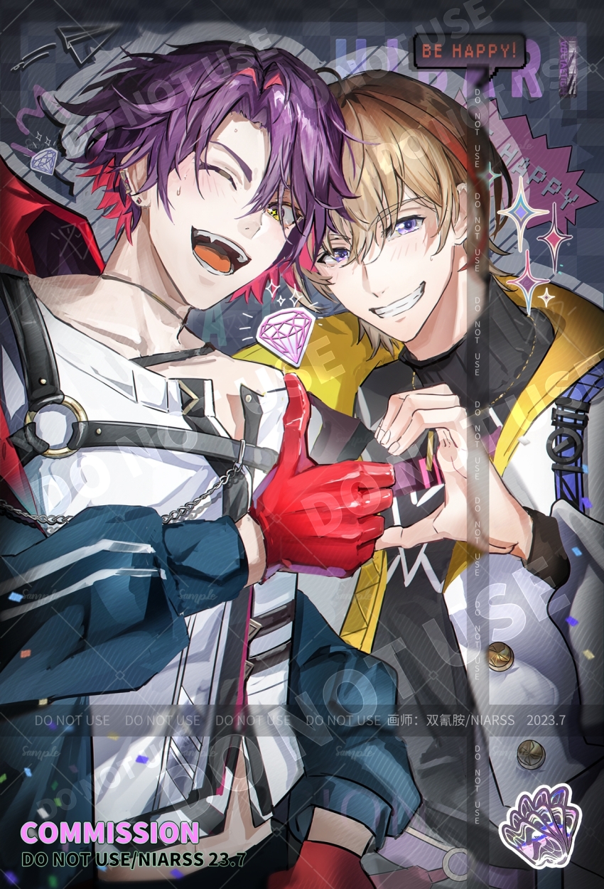 2boys ;d black_choker black_shirt blonde_hair blue_jacket chain chest_harness chinese_commentary choker collarbone colored_inner_hair commission curtained_hair diamond-shaped_pupils diamond_(shape) earclip english_text fang fura_kanato fura_kanato_(1st_costume) gem_(symbol) gloves grin hair_between_eyes hair_intakes half-heart_hands harness heart heart_hands heart_hands_duo heart_hands_failure highres jacket light_blush long_sleeves looking_at_viewer male_focus multicolored_hair multiple_boys niarss nijisanji o-ring o-ring_harness off_shoulder one_eye_closed open_clothes open_jacket open_mouth orange_hair paper_airplane pink_hair purple_eyes purple_hair red_gloves shirt short_hair smile sparkle speech_bubble streaked_hair sweatdrop symbol-shaped_pupils thumbs_up turtleneck two-sided_fabric two-sided_jacket two-tone_hair upper_body virtual_youtuber watarai_hibari watarai_hibari_(1st_costume) watermark white_jacket white_shirt yellow_eyes