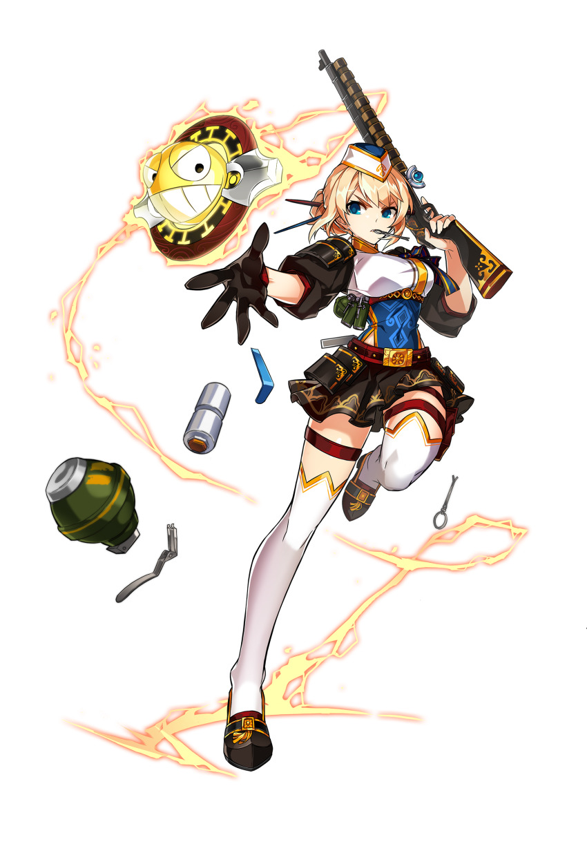 1girl absurdres artist_request belt belt_bag belt_buckle black_bag black_belt black_gloves black_shoes black_skirt blonde_hair blunt_bangs breasts buckle chain determined elsword explosive fire full_body gloves gold_chain grenade grenade_pin gun hair_bun hair_ornament hairpin hat highres holding holding_gun holding_weapon large_breasts leg_up miniskirt mouth_hold official_art outstretched_arm pleated_skirt rose_(elsword) second-party_source shirt shoes short_hair_with_long_locks shotgun single_glove single_hair_bun skirt solo studded_belt sun tachi-e thigh_strap thighhighs throwing transparent_background updo weapon white_hat white_shirt white_thighhighs