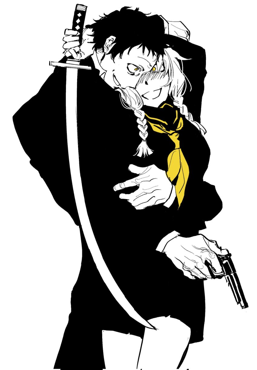 192_saioma 1boy 1girl adachi_tooru arms_up blush braid breasts genderswap genderswap_(mtf) greyscale gun handgun highres holding holding_gun holding_sword holding_weapon katana long_hair long_sleeves monochrome narukami_yu neckerchief open_clothes persona persona_4 scarf school_uniform serafuku simple_background skirt spot_color sword twin_braids weapon yellow_neckerchief