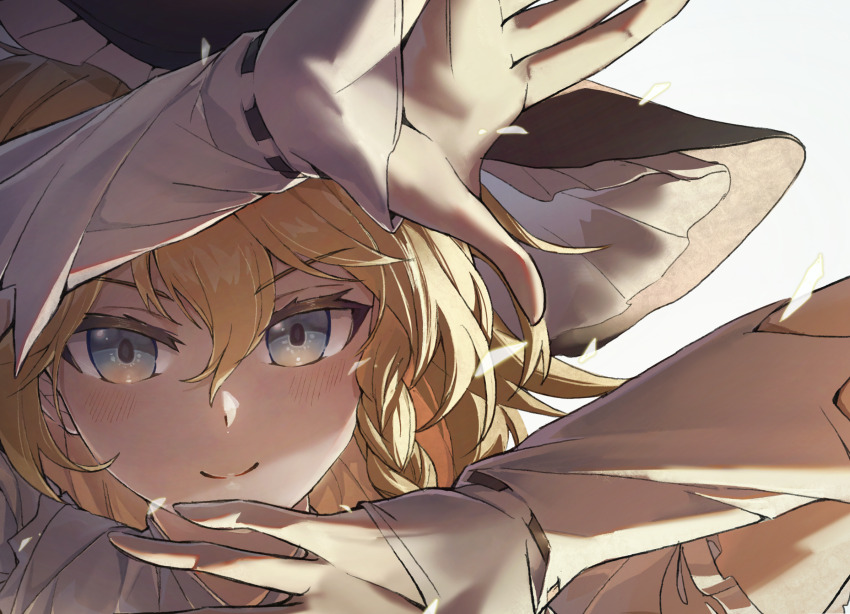 1girl black_hat blonde_hair blue_eyes blush braid closed_mouth daisuke_(beatmania) hair_between_eyes hat highres kirisame_marisa looking_at_viewer open_hands parody portrait pose_imitation ribbon_trim shishui_guima side_braid simple_background single_braid smile solo touhou white_background witch_hat