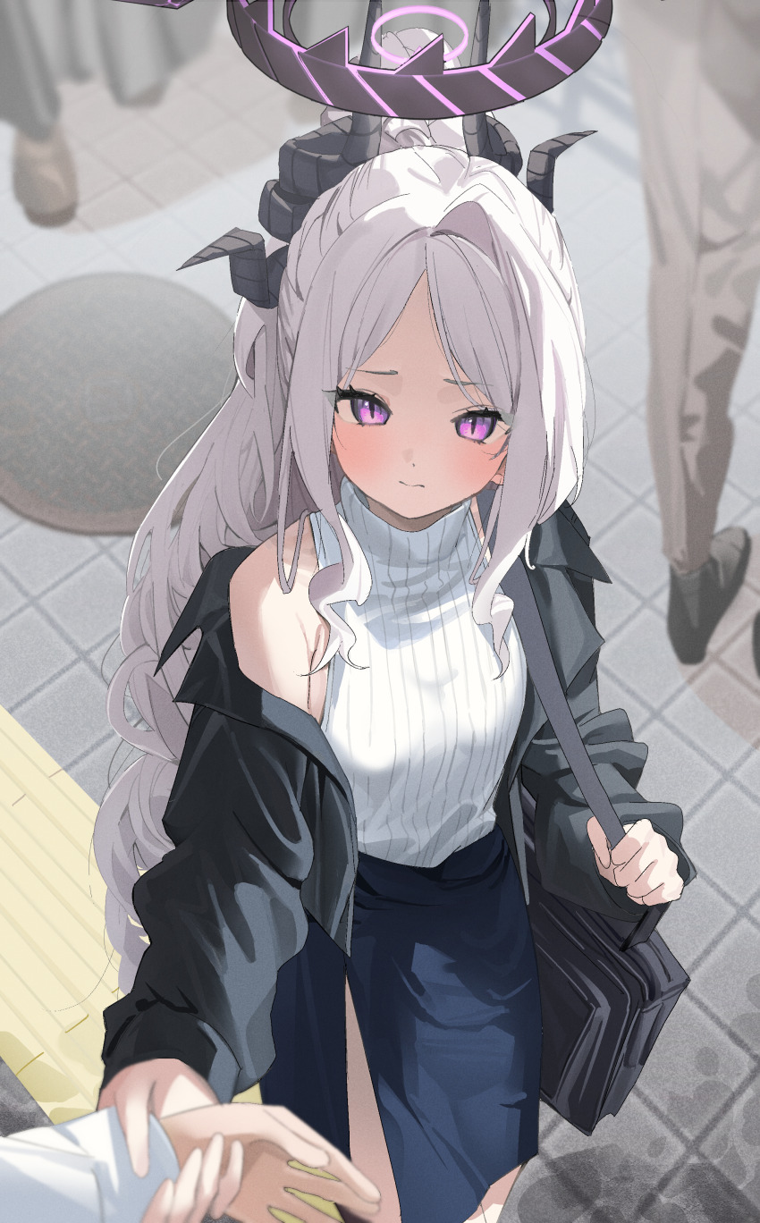 1girl absurdres alternate_costume bag black_bag black_halo black_horns black_jacket blue_archive blue_skirt blush closed_mouth commentary_request demon_horns dress halo hand_grab highres hina_(blue_archive) horns inu_lin jacket long_hair looking_at_viewer multiple_horns out_of_frame outdoors purple_eyes shirt shoulder_bag skirt sleeveless sleeveless_shirt solo solo_focus very_long_hair white_hair white_shirt