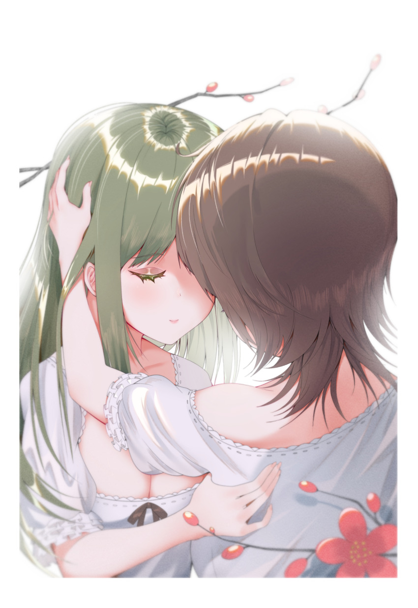 2girls branch breasts brown_hair cleavage closed_eyes closed_mouth commentary_request dress flower flowers_(innocent_grey) green_hair hand_on_another&#039;s_head highres jiaxi_daze long_hair medium_breasts medium_hair multiple_girls off_shoulder red_flower short_sleeves takasaki_chidori white_dress yaegaki_erika yuri