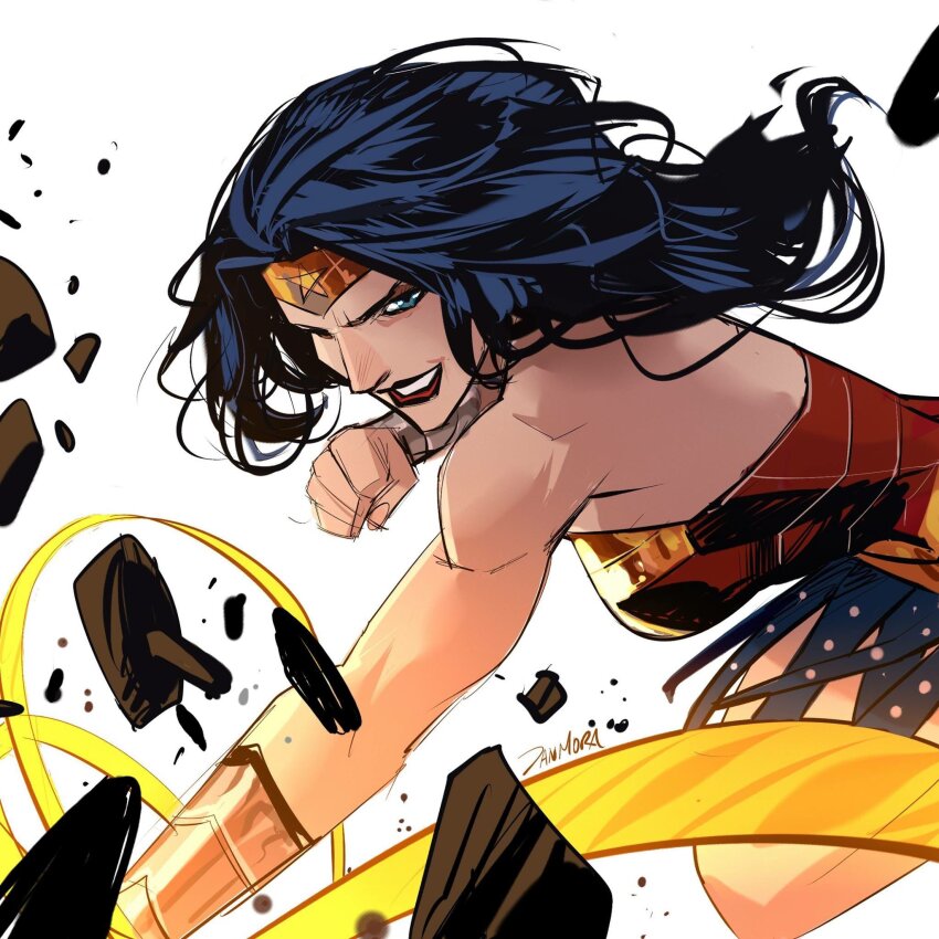 1girl armor armored_dress armpits back bare_shoulders biceps black_hair blue_eyes blue_skirt bracer clenched_hand dan_mora dc_comics debris dress floating_hair floating_rock gold_bracer gold_tiara grin highres incoming_attack incoming_punch lasso lasso_of_truth long_hair looking_down mature_female miniskirt muscular muscular_female polka_dot polka_dot_skirt punching red_dress red_lips rock signature simple_background skirt smile solo strapless strapless_dress striped_clothes striped_dress thighs tiara white_background wonder_woman wonder_woman_(series)