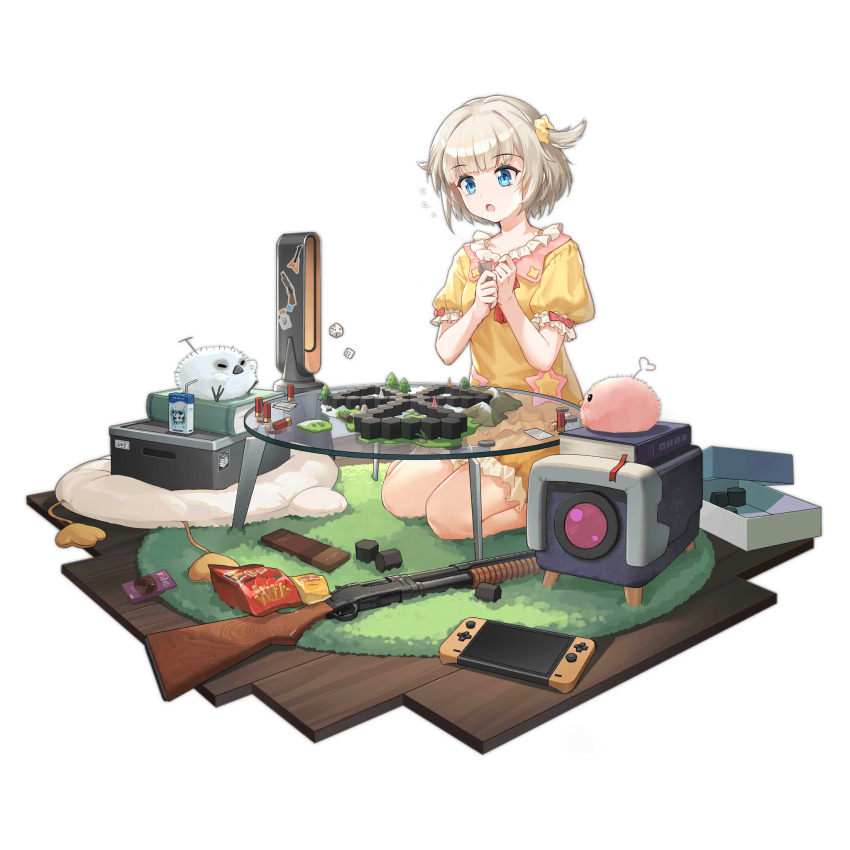 1girl :o ammunition bag bare_arms bare_legs bird bladeless_fan blonde_hair blue_eyes board_game book box chilunchilun dice full_body girls&#039;_frontline griffin_&amp;_kryuger_logo gun hair_ornament hair_scrunchie highres juice_box kneeling m1897_(forest_game)_(girls&#039;_frontline) m1897_(girls&#039;_frontline) nintendo_switch official_alternate_costume official_art open_box open_mouth own_hands_together pajamas pink_bird pump_action rug scrunchie seiza short_hair short_sleeves shotgun shotgun_shell simple_background sitting snack solo star_(symbol) sticker third-party_source transparent_background weapon white_bird winchester_model_1897 wooden_floor yellow_pajamas yellow_scrunchie