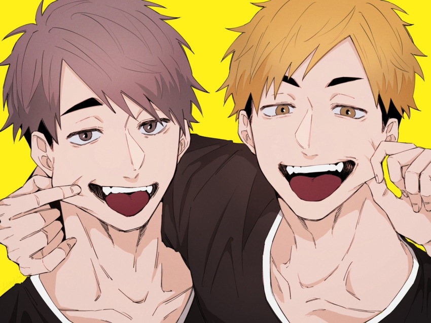 2boys black_shirt blonde_hair cheek_pull collarbone grey_eyes grey_hair haikyuu!! hand_on_another&#039;s_cheek hand_on_another&#039;s_face looking_at_viewer male_focus miya_atsumu miya_osamu multiple_boys open_mouth portrait shirt siblings simple_background smile teeth tongue tongue_out twins wavi_savi yellow_background yellow_eyes