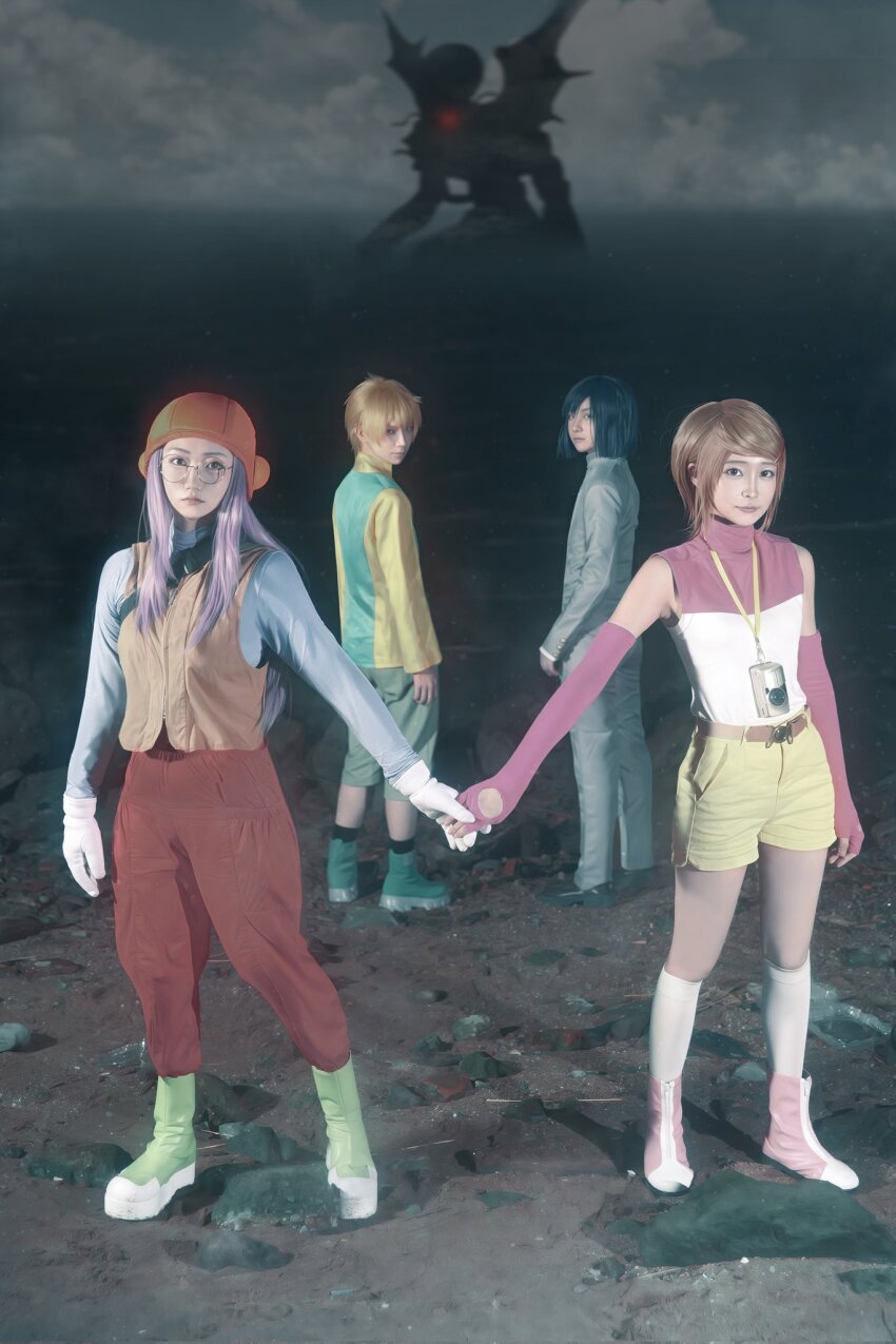 anotherkaikki beach cosplay cosplay_photo dagomon digimon glowing glowing_eyes hat highres ichijouji_ken ichijouji_ken_(cosplay) inoue_miyako inoue_miyako_(cosplay) long_hair looking_at_viewer nochino ocean photo_(medium) purple_hair real_life red_eyes short_hair takaishi_takeru takaishi_takeru_(cosplay) wings yagami_hikari yagami_hikari_(cosplay) yinlicherry