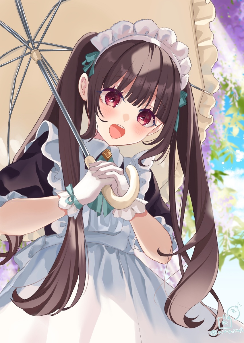 1girl apron black_dress blue_sky brown_hair brown_umbrella cloud commentary_request day dress frilled_apron frilled_umbrella frills from_below gloves highres holding holding_umbrella long_hair looking_at_viewer looking_down maid maid_apron maid_headdress original outdoors own_hands_together puffy_short_sleeves puffy_sleeves red_eyes rino_cnc short_sleeves sky solo twintails twitter_username umbrella very_long_hair white_apron white_gloves