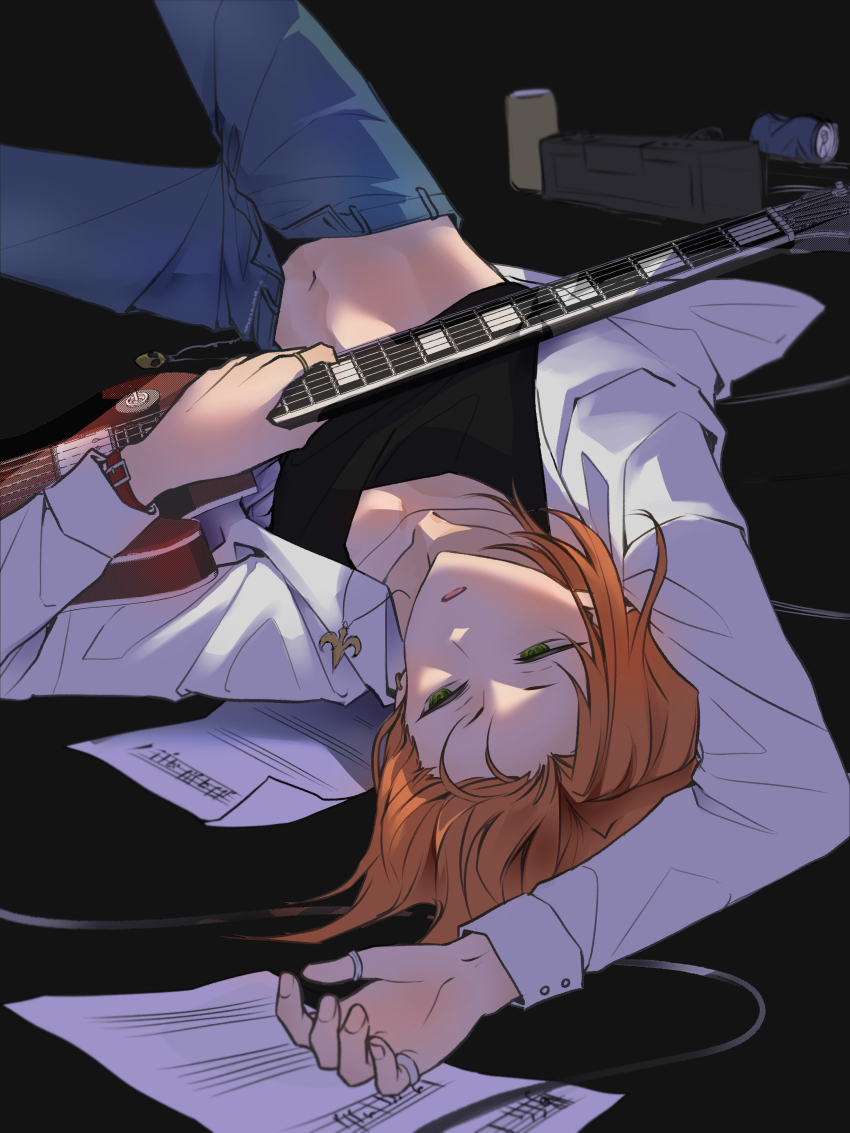 1boy absurdres belt black_background black_shirt blue_pants bracelet can drink_can ensemble_stars! guitar highres holding holding_guitar holding_instrument instrument jacket jewelry korean_commentary long_hair looking_to_the_side lying midriff_peek multiple_rings on_back open_belt open_fly open_mouth orange_hair pants parted_bangs pinky_ring qhrdjchqkq ring sheet_music shirt soda_can solo thumb_ring tsukinaga_leo white_jacket
