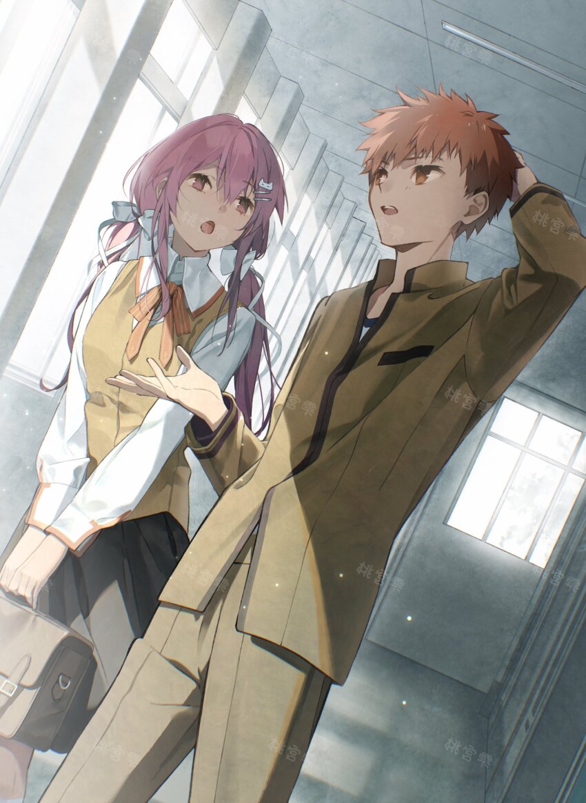 1boy 1girl black_skirt blush bow breaker_gorgon breasts brown_vest building ceiling couple cross cross_print emiya_shirou fate/stay_night fate_(series) hair_ornament hair_ribbon hallway highres homurabara_academy_school_uniform igote long_hair long_sleeves momomiya_shizuku_(gaoyue_jixiang) neck_ribbon oc_x_canon open_mouth orange_hair original pastels pink_eyes pink_hair print_ribbon raglan_sleeves red_hair red_ribbon ribbon salon school school_uniform shirt skirt solo twintails two_side_up vest