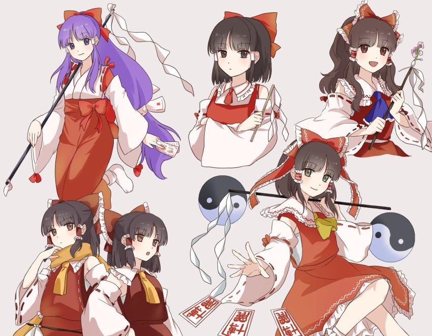 1girl :o :| ascot bare_shoulders black_eyes black_hair bow brown_eyes brown_hair closed_mouth collared_shirt crossed_arms detached_sleeves embodiment_of_scarlet_devil forbidden_scrollery frilled_hair_tubes frilled_hairband frilled_shirt_collar frills gohei hair_bow hair_tubes hairband hakurei_reimu hakurei_reimu_(pc-98) happy highres holding imperishable_night japanese_clothes kimono long_hair long_sleeves low-tied_long_hair medium_hair miko multiple_persona multiple_views ofuda open_mouth orb phantasmagoria_of_flower_view ponytail purple_eyes purple_hair red_ascot red_bow red_ribbon red_sash red_vest reimu_tyuki ribbon ribbon-trimmed_sleeves ribbon_trim sash scarf serious shirt short_hair sidelocks smile socks touhou touhou_(pc-98) very_long_hair vest wavy_hair white_kimono white_shirt white_sleeves white_socks wide_sleeves wild_and_horned_hermit yellow_scarf yin_yang yin_yang_orb
