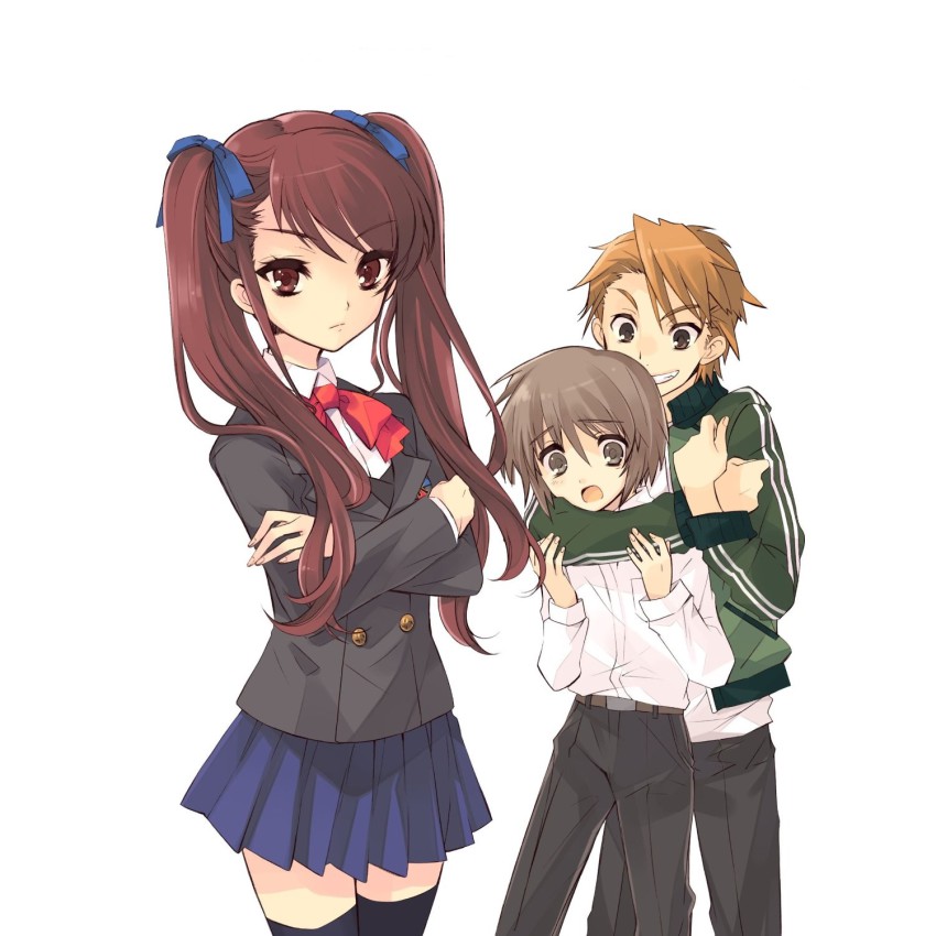 10s 1girl 2boys akazawa_izumi another black_thighhighs blazer blonde_hair brown_eyes brown_hair choke_hold crossed_arms grin hair_ribbon highres ito_noizi jacket long_hair looking_at_viewer mochizuki_yuuya multiple_boys official_art open_mouth pleated_skirt ribbon school_uniform simple_background skirt smile strangling sweater teshigawara_naoya thighhighs track_jacket tsurime twintails white_background zettai_ryouiki