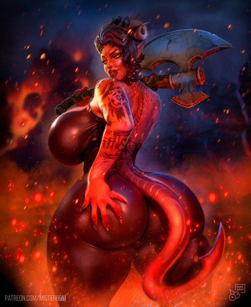 1girl absurdres arm_tattoo artist_name ass axe baldur&#039;s_gate baldur&#039;s_gate_3 black_pants black_shirt breasts colored_skin curled_horns dungeons_&amp;_dragons embers hand_on_own_ass highres holding holding_axe horns huge_ass huge_breasts karlach looking_at_viewer looking_back mister69m pants patreon_username pointy_ears red_skin red_tail shirt sleeveless sleeveless_shirt solo standing tattoo tiefling watermark web_address yellow_eyes