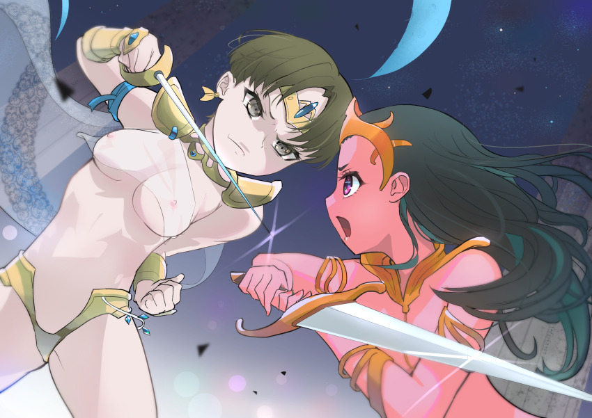 2girls a_princess_of_mars barsoom black_hair breasts brown_hair colored_skin commentary crescent_moon crown dejah_thoris fanfic fantasy fighting frown half-siblings highres holding holding_sword holding_weapon long_hair medium_breasts moon multiple_girls nipples nude original poi_po_poi rapier red_skin science_fiction short_hair sword weapon yuri