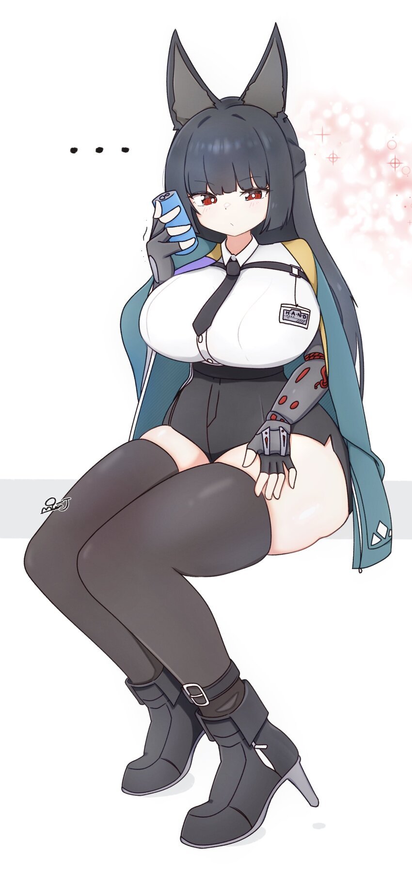 ... 1girl absurdres adapted_costume alternate_breast_size_(larger) animal_ear_fluff animal_ears aqua_jacket black_gloves black_hair black_necktie black_shoes black_shorts black_thighhighs blush breasts bunyeong can closed_mouth fingerless_gloves fox_ears fox_girl full_body gauntlets gloves half-closed_eyes high-waist_shorts highres holding holding_can hoshimi_miyabi id_card invisible_chair jacket large_breasts long_hair looking_at_viewer necktie red_eyes shirt shoes shorts simple_background single_fingerless_glove single_gauntlet sitting skindentation solo thick_thighs thighhighs thighs v-shaped_eyebrows white_background white_shirt zenless_zone_zero