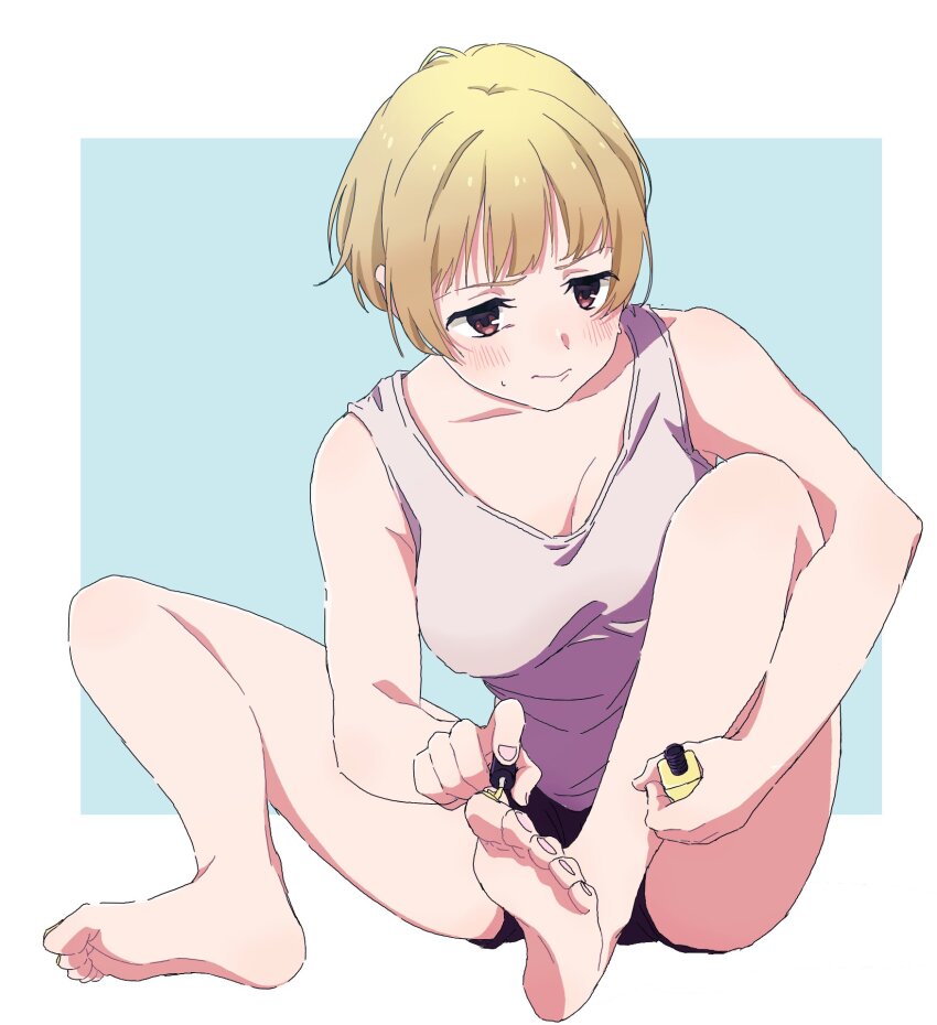 1girl applying_manicure banana3960 bare_shoulders barefoot black_shorts blonde_hair blue_background blush border bottle breasts brown_eyes cleavage closed_mouth collarbone commentary_request feet fukuda_noriko full_body highres holding holding_bottle idolmaster idolmaster_million_live! idolmaster_million_live!_theater_days knees_up large_breasts looking_at_another looking_down nail_polish outside_border purple_shirt shirt short_hair shorts simple_background sitting sleeveless sleeveless_shirt soles solo spread_legs sweatdrop toenail_polish toenails toes white_border