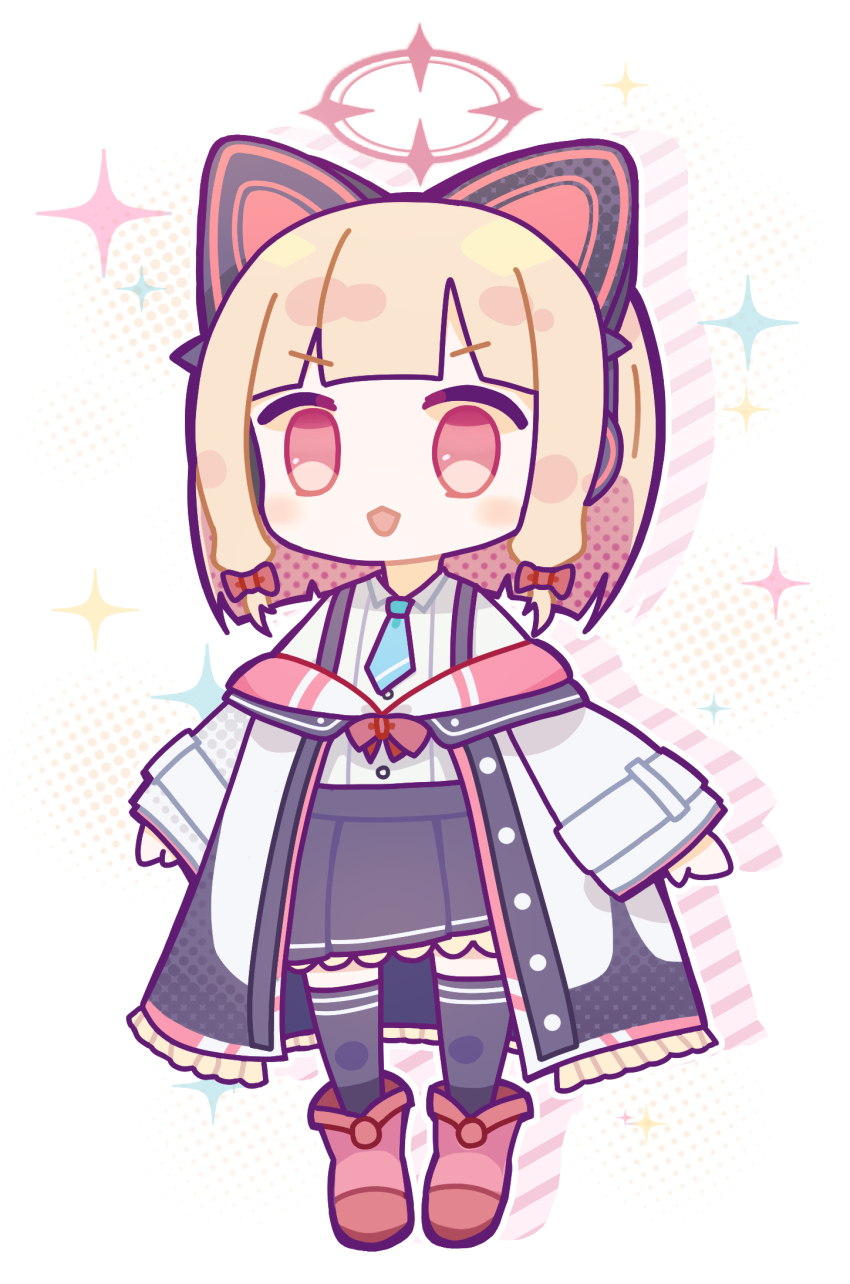 1girl :d animal_ear_headphones animal_ears aqua_necktie black_jacket black_skirt black_thighhighs blonde_hair blue_archive blunt_bangs blunt_ends blush boots bow buttons cat_ear_headphones cat_ears collared_shirt commentary_request dress_shirt drop_shadow fake_animal_ears frilled_jacket frilled_skirt frills full_body hair_bow halftone halftone_background halo headphones highres jacket kinudofu1122 long_sleeves looking_at_viewer low-tied_sidelocks medium_hair momoi_(blue_archive) multicolored_jacket necktie off_shoulder open_mouth pink_boots pink_eyes pink_halo pink_jacket red_bow school_uniform shirt shirt_tucked_in short_necktie sidelocks simple_background skirt smile solo sparkle suspender_skirt suspenders thighhighs unbuttoned unbuttoned_jacket v-shaped_eyebrows white_background white_jacket white_shirt wide_sleeves
