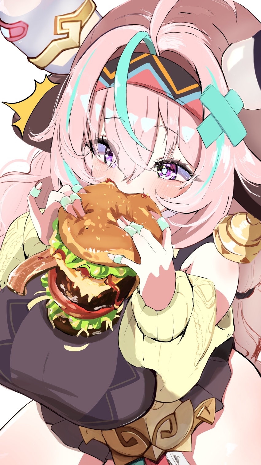 1girl ^^^ absurdres ahoge animal_ears aqua_hair b-shi bacon bandaid_on_horn bell bell_earrings braid breasts breasts_squeezed_together bun_(food) burger cheese commentary_request cow_ears cow_girl cow_horns cow_tail cowbell ear_bell earrings eating fast_food food genshin_impact hair_between_eyes hairband highres holding holding_burger holding_food horns jewelry ketchup large_breasts lettuce long_hair looking_at_food low_twin_braids meat multicolored_hair multicolored_hairband onion pink_bandaid pink_hair purple_eyes sesame_seeds simple_background skirt solo streaked_hair tail tomato tomato_slice twin_braids varesa_(genshin_impact) very_long_hair white_background white_horns yellow_sleeves