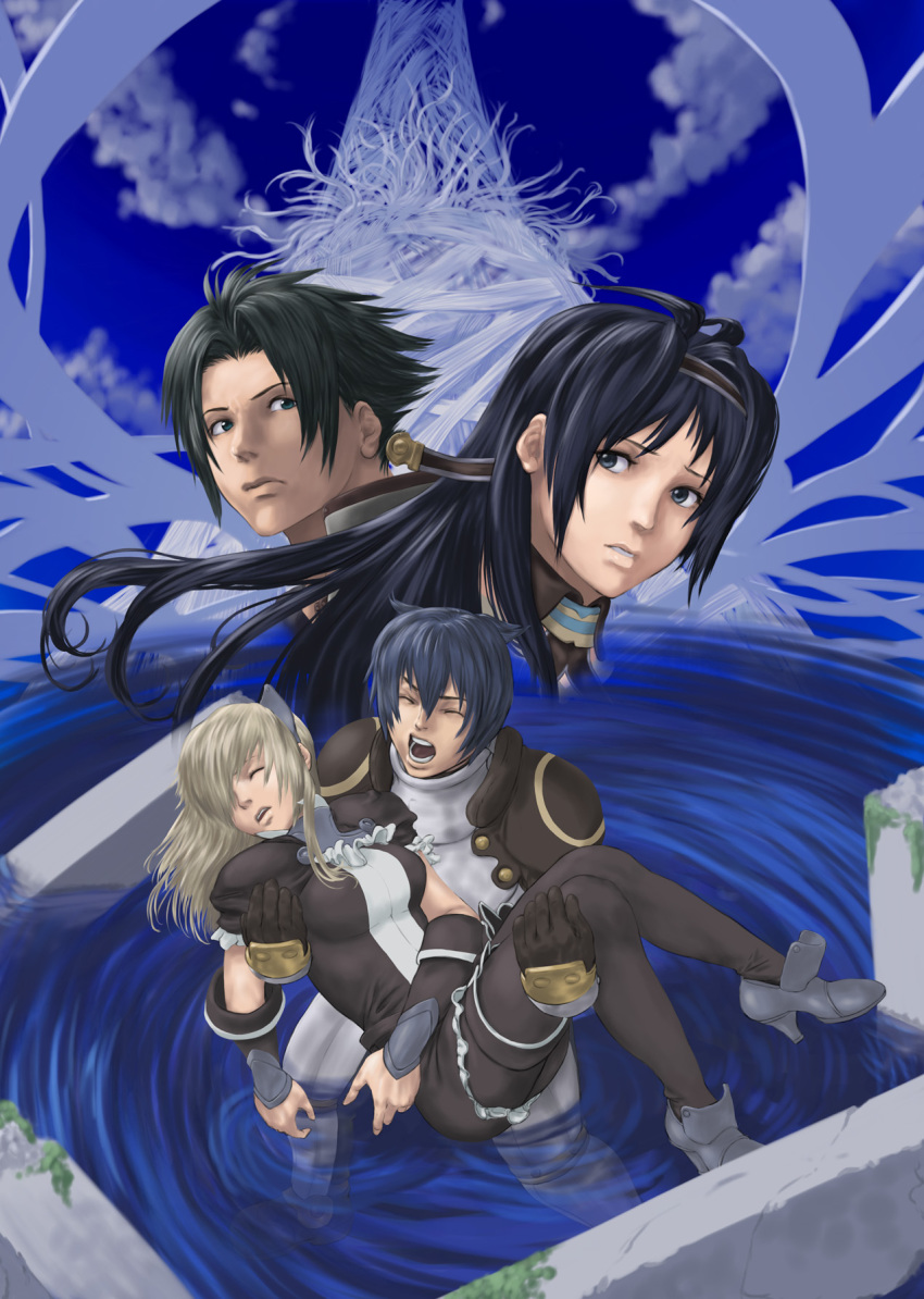 2boys 2girls bad_id carrying druaga_no_tou fatina highres jil kaaya multiple_boys multiple_girls neeba_(druaga) pantyhose princess_carry ryu_(gaquarium) shouting thighhighs