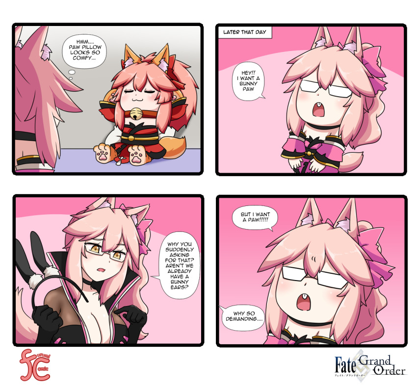 3girls animal_ear_fluff animal_ears animal_hands bare_shoulders bell black_bodysuit blush bodysuit bow breasts cat_paws center_opening cleavage closed_eyes closed_mouth collar detached_sleeves english_text fake_animal_ears fate/grand_order fate_(series) fox_ears fox_girl fox_tail glasses gloves hair_ribbon highres japanese_clothes jingle_bell keita_naruzawa kimono koyanskaya_(fate) large_breasts mini_person minigirl multiple_girls neck_bell open_mouth paw_gloves paw_shoes pink_bow pink_hair pink_kimono pink_ribbon ponytail red_kimono red_ribbon ribbon side_ponytail speech_bubble tail tamamo_(fate) tamamo_cat_(fate) tamamo_cat_(first_ascension)_(fate) yellow_eyes