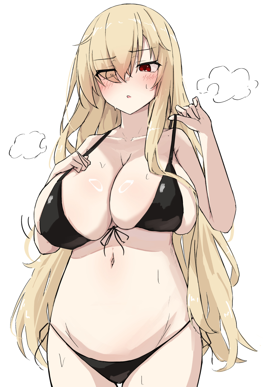 1girl 9-nine- :o absurdres alternate_breast_size_(larger) alternate_costume bikini black_bikini blonde_hair blush breast_suppress breasts cleavage collarbone cowboy_shot eyes_visible_through_hair front-tie_bikini_top front-tie_top ghost_(9-nine-) hair_over_breasts hair_over_one_eye hands_up highres huge_breasts long_bangs long_hair looking_at_viewer mole mole_on_collarbone motion_lines navel open_mouth puff_of_air pulling_own_clothes red_eyes sidelocks simple_background solo stomach strap_pull sweat swimsuit takoyaki032002 thigh_gap very_long_hair white_background