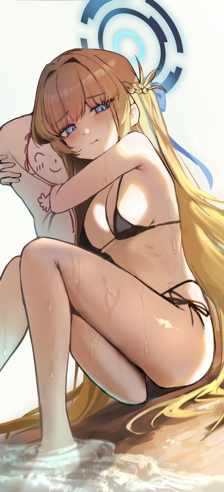 1girl absurdres bikini black_bikini blonde_hair blue_archive blue_eyes blue_halo braid breasts dakimakura_(object) half_up_braid halo highres hugging_object long_hair looking_at_viewer mamo_(user_jjca7524) medium_breasts pillow pillow_hug side-tie_bikini_bottom simple_background soaking_feet solo swimsuit toki_(blue_archive) water white_background
