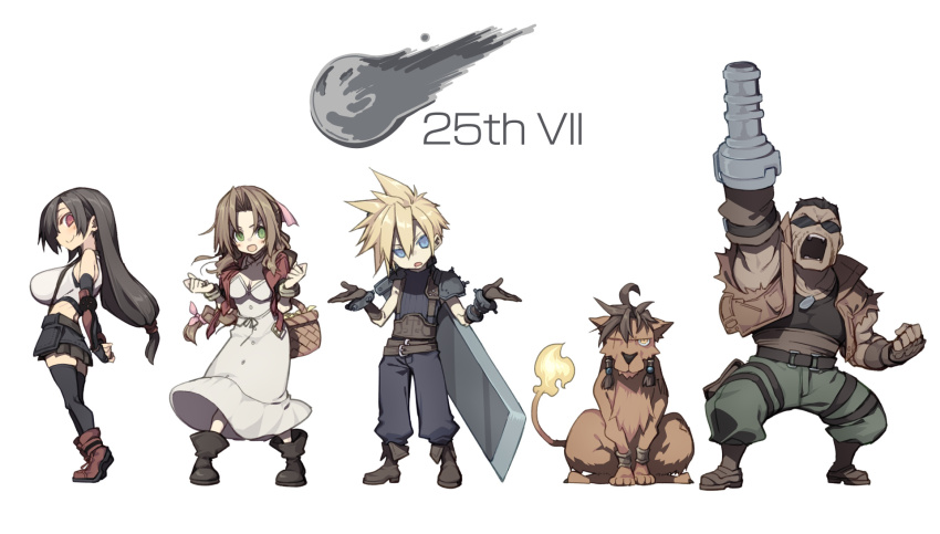 10mo 2boys 2girls aerith_gainsborough armor arms_behind_back barret_wallace belt black_hair blonde_hair blue_eyes blush boots bracelet braid breasts brown_hair buster_sword chibi choker cleavage cloud_strife dark-skinned_male dark_skin dog_tags dress fiery_tail final_fantasy final_fantasy_vii final_fantasy_vii_remake flower_basket gloves green_eyes green_pants gun hair_between_eyes highres jacket jewelry large_breasts long_hair low-tied_long_hair meteor multiple_boys multiple_girls necklace pants pink_dress pleated_skirt red_eyes red_fur red_jacket red_xiii ribbon short_hair shoulder_armor simple_background skirt spiked_hair square_enix sunglasses suspenders sword sword_on_back tail thigh_strap thighhighs tifa_lockhart vest weapon weapon_on_back white_background zettai_ryouiki