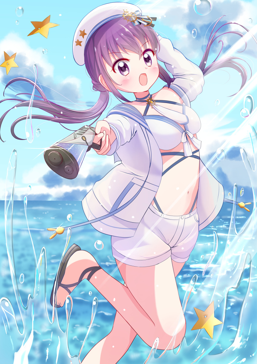 1girl :d aiming aiming_at_viewer alternate_breast_size_(smaller) animal_print arm_up beret bikini bikini_top_only blush breasts bubble bullet_hole cloud coat collarbone criss-cross_halter floating_hair front-tie_bikini_top front-tie_top furrowed_brow gochuumon_wa_usagi_desu_ka? grey_sandals gun halterneck hand_on_own_head handgun haruiroha hat highres holding holding_gun holding_weapon hood hoodie kirara_fantasia laser_pointer leg_up long_hair looking_at_viewer midriff navel necktie no_hairclip official_alternate_costume open_mouth outdoors pocket purple_eyes purple_hair rabbit_print sandals shiny_skin ship&#039;s_wheel short_shorts shorts sidelocks small_breasts smile solo splashing star_(symbol) swimsuit tedeza_rize water_world weapon white_bikini white_coat white_hoodie white_necktie white_shorts
