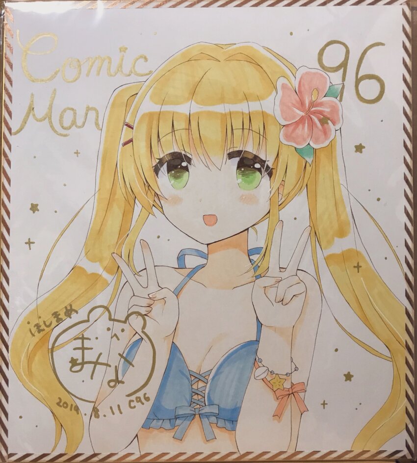 1girl 2019 :d bikini blonde_hair blue_bikini blush border bracelet breasts cleavage comiket_96 commentary_request dated double_v eyelashes eyes_visible_through_hair flower green_eyes hair_between_eyes hair_flower hair_intakes hair_ornament halterneck hands_up happy highres hoshimame_mana jewelry long_hair looking_at_viewer open_mouth photo_(medium) pink_flower shikishi sidelocks signature simple_background small_breasts smile solo sparkle summer_pockets swimsuit tareme tsumugi_wenders twintails upper_body v very_long_hair white_background x_hair_ornament