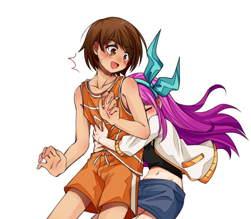 1boy 1girl :d ^^^ ^_^ aqua_hairband aubrey_(faraway)_(omori) aubrey_(omori) bare_arms bare_shoulders black_shirt blue_skirt bow_hairband brown_eyes brown_hair closed_eyes collarbone commentary cowboy_shot dark-skinned_male dark_skin denim denim_skirt english_commentary fingernails hair_behind_ear hairband highres hug hug_from_behind jacket kel_(faraway)_(omori) kel_(omori) linglanjunying long_hair looking_at_another looking_back navel omori open_clothes open_jacket open_mouth orange_shorts orange_tank_top pink_hair shirt short_hair shorts simple_background skirt three-quarter_sleeves smile standing sweatdrop tank_top tongue v-shaped_eyebrows white_background white_jacket white_trim