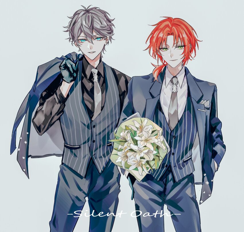 2boys absurdres black_shirt blue_eyes blue_gloves blue_jacket blue_pants blue_vest bouquet english_text ensemble_stars! flower fm6fu4w94 gloves green_eyes grey_background grey_hair grey_necktie hair_between_eyes hand_in_pocket highres holding holding_bouquet holding_jacket holding_unworn_clothes jacket jacket_on_shoulders lily_(flower) long_sleeves male_focus medium_hair multiple_boys necktie official_alternate_costume orange_hair pants parted_bangs parted_lips sena_izumi_(ensemble_stars!) shirt short_hair side_ponytail simple_background striped_clothes striped_vest tsukinaga_leo unworn_jacket vest white_flower