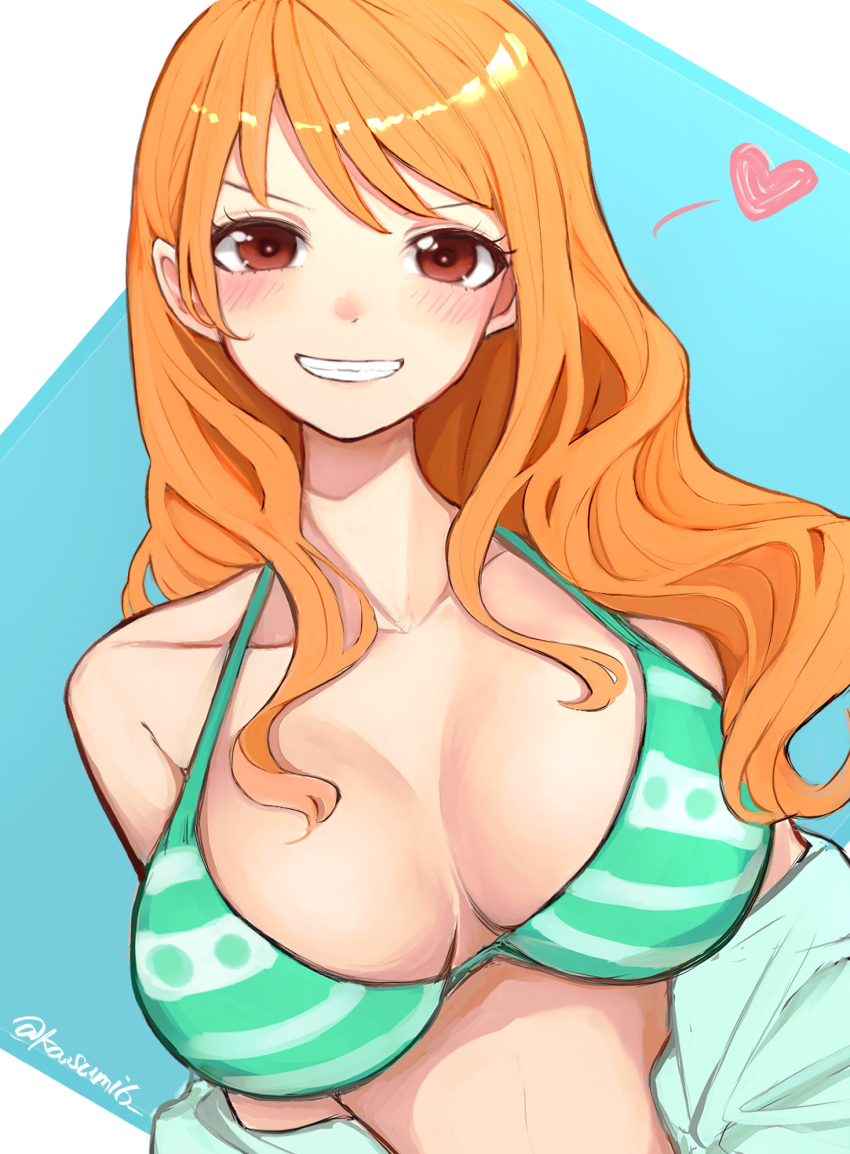 1girl bare_shoulders bikini bikini_top_only blush breasts brown_eyes cleavage collarbone commentary_request green_bikini grin halterneck heart highres kasumi_6 large_breasts long_hair looking_at_viewer nami_(one_piece) nami_(one_piece)_(return_to_sabaody) one_piece orange_hair partial_commentary smile solo stomach straight-on striped_bikini striped_clothes swimsuit teeth twitter_username upper_body wavy_hair