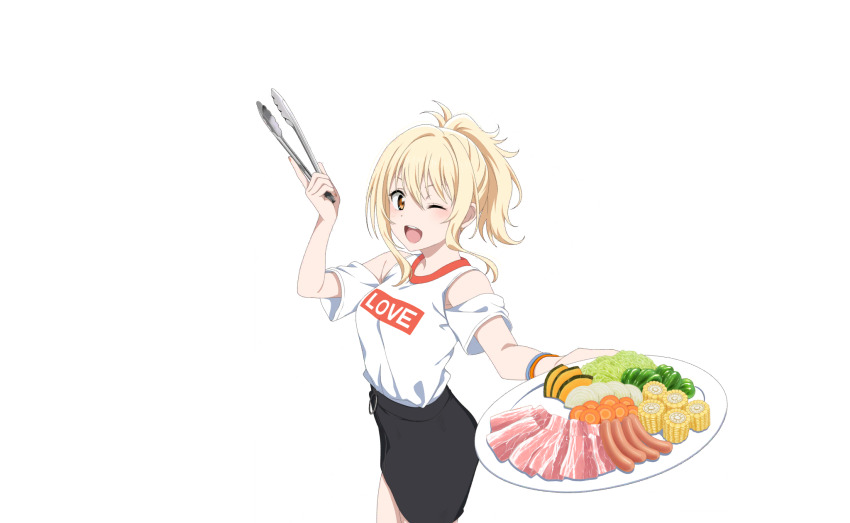 1girl bare_shoulders bell_pepper black_skirt blonde_hair blush breasts cabbage carrot carrot_slice corn cowboy_shot food hand_up highres holding holding_plate holding_tongs looking_at_viewer love_live! love_live!_nijigasaki_high_school_idol_club love_live!_school_idol_festival_2 meat medium_hair miniskirt miyashita_ai official_art one_eye_closed onion onion_slice open_mouth orange_eyes plate ponytail pumpkin pumpkin_slice raw_meat sausage shirt short_sleeves sidelocks skirt smile solo teeth tongs transparent_background upper_teeth_only vegetable white_shirt wristband