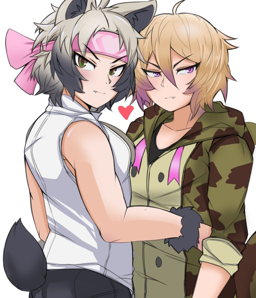 2boys african_rock_python_(kemono_friends) ahoge alternate_hairstyle animal_ears animal_print arms_at_sides bare_arms bare_shoulders bear_boy bear_ears bear_tail black_hair blonde_hair brown_eyes closed_mouth collarbone collared_shirt commentary drawstring english_commentary eyebrows_visible_through_headband ezo_brown_bear_(kemono_friends) fang fang_out fur_cuffs genderswap genderswap_(ftm) gradient_hair grey_hair hair_between_eyes headband heart highres hood hood_down hooded_jacket jacket kemono_friends looking_at_viewer male_focus medium_hair multicolored_hair multiple_boys nanoder print_jacket purple_eyes purple_hair shirt shorts simple_background sleeveless sleeveless_shirt snake_print snake_tail tail toned toned_male tsurime two-tone_hair upper_body v-shaped_eyebrows white_background white_shirt wrist_cuffs yaoi