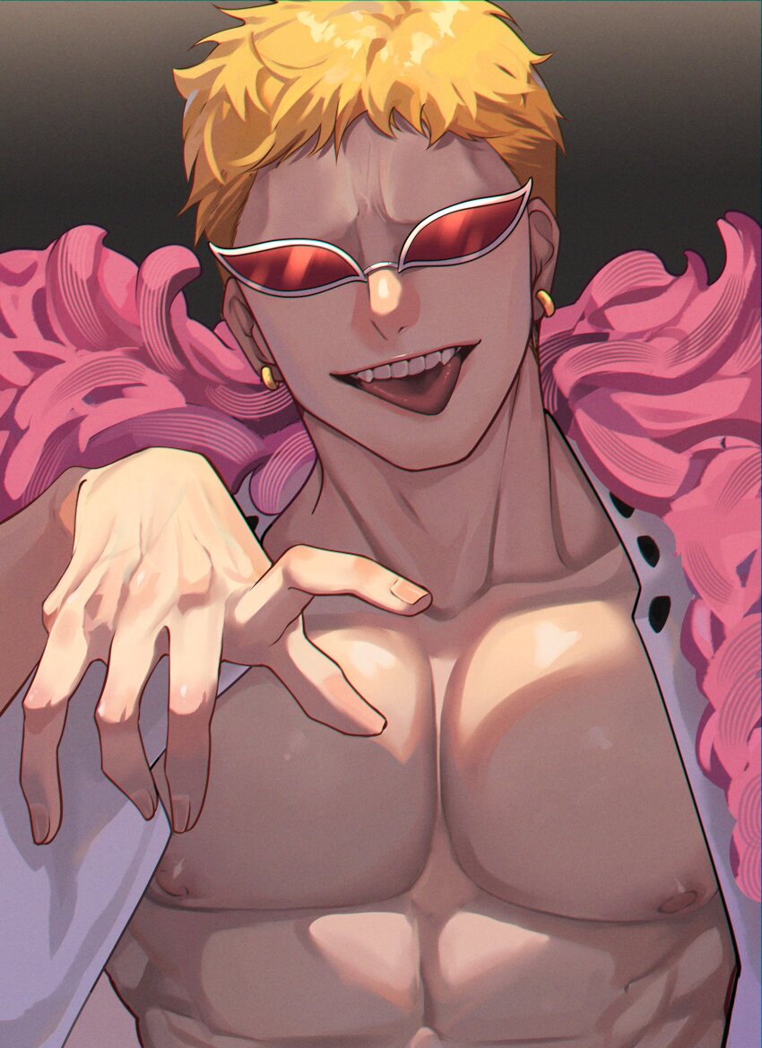 1boy absurdres blonde_hair coat donquixote_doflamingo earrings highres jewelry looking_at_viewer male_focus muscular muscular_male nipples one_piece open_clothes open_shirt pectorals pink_coat shirt short_hair smile sunglasses teeth tongue tongue_out upper_body upper_teeth_only white_shirt zeessert